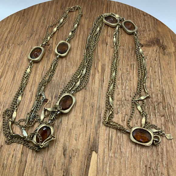 Sarah Coventry Vintage Multi Chain Gold Tone Amber Topez Glass Stone Necklace - Picture 2 of 6